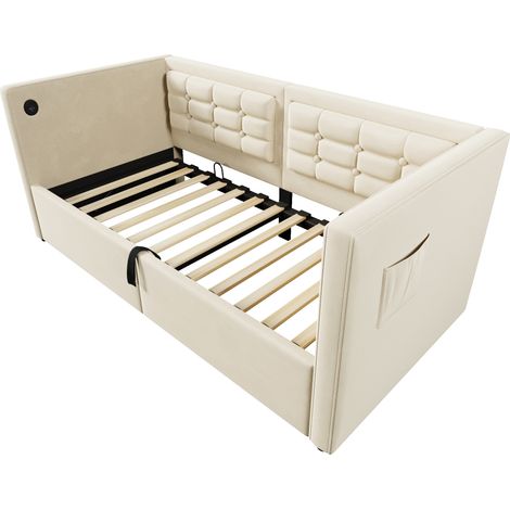 Letto contenitore imbottito 90x200 cm beige in velluto con ricarica USB e Type-C, senza materasso (1/5)