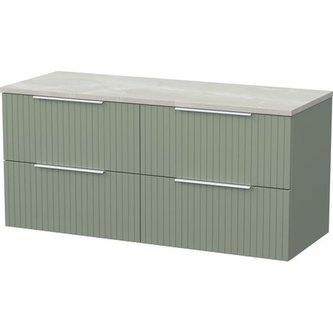 Callingwood Contemporary Wall Hung 4 Drawer Vanity Unit with Marble Plaster Laminate Worktop , 1200mm, Reed Green