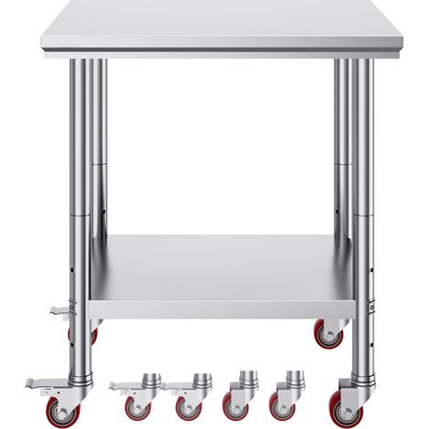 Table de travail en acier inoxydable 76x61x84 cm, capacité 317 kg, 4 roulettes, 3 hauteurs réglables, idéale pour cuisine pro. (1/5)
