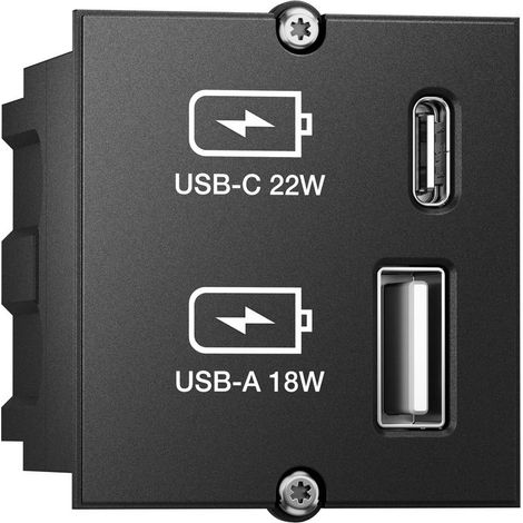 Módulo de carga USB A y C Bachmann 917.227, USB A + USB C, 0-35 °C, negro, IP20, 250 V, 50/60 Hz, 917.227