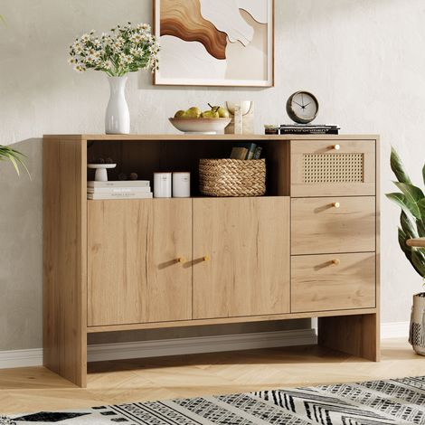 Credenza da cucina con 2 ante, 3 cassetti e ripiano a giorno, in legno effetto rattan naturale, 105x40x76 cm