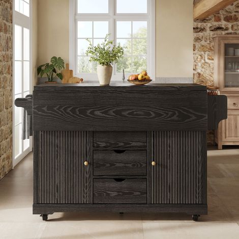 Îlot de cuisine à roulettes 95 cm, chariot avec plateaux rabattables, 3 tiroirs et rangements, table de travail mobile, noir (1/5)