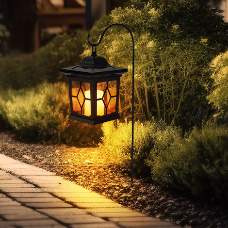 Steckleuchte Solarlampe Erdspieß Solarlampen Terrassen Flackerlicht Solar Außen Steckleuchten im Laternen Design, Metall schwarz, 1x LED, LxBxH 14,3x14,3x19 cm
