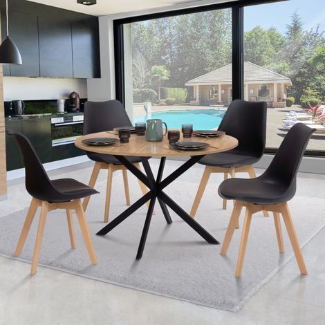 Conjunto de mesa de comedor redonda ALIX 110 cm de madera y negra y 4 sillas SARA negras
