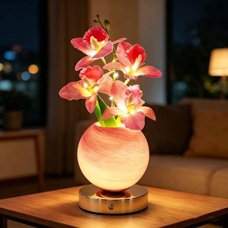 Lampe de Table en Cristal avec Vase Planète, Veilleuse LED Tactile 3 Couleurs, Intensité Variable Lampe Décorative Florale pour Chambre, Salon, Cadeau Femme, Anniversaire, Noël (Orchidée-Rose) (1/5)