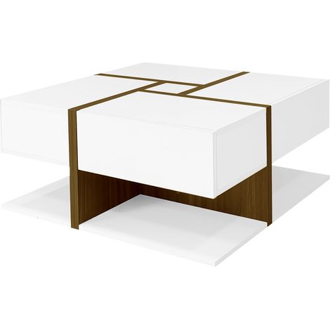 Mesa de centro cuadrada de alto brillo con 4 cajones, blanco y efecto madera, 78 x 78 x 34,8 cm (1/5)