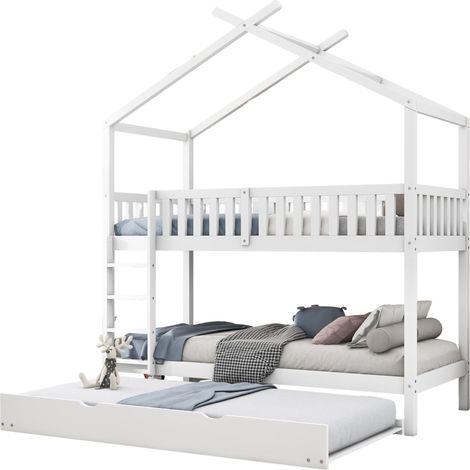 Lit superposé cabane en bois massif blanc 90x200 cm avec lit gigogne, transformable en 3 lits (1/5)