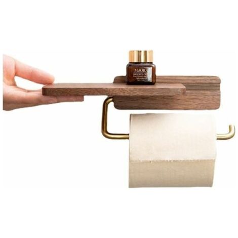 FENOPLASTICAPorte-rouleau de papier toilette en bois avec étagère - Fixation murale - Perçage ou collage - Accessoires de salle de bain et de cuisine - Couleur bois (1/4)