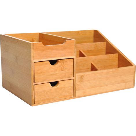 Organisateur Bureau Bambou 2 Tiroirs 6 Compartiments Étagère 33x20,5x15,5 cm