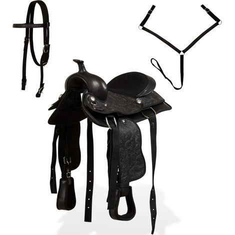 Selle, bridon et col de poitrine Cuir véritable 12 po Noir