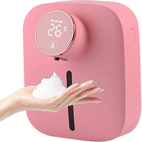 Distributeur de savon automatique, rechargeable, sans contact, mural, pour savon mousse, distributeur de gel hydroalcoolique avec affichage de la température (rose) (1/5)