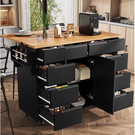 Isola da cucina 122/74,5/91,5 cm nera con piano ribaltabile e 8 cassetti (1/5)