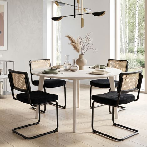 Lot de 4 Chaise dossier rotin Design Mid-Century, Tissu Chenille Ivoire et Dossier Cannage - Assise Rembourré, Pieds Métal - Noir (1/5)