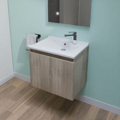 Meuble salle de bain suspendu 60 cm PROLINE- Bois- Plan vasque en Résine (1/5)