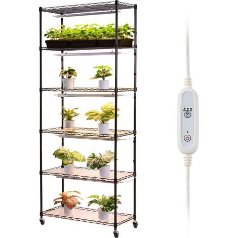 Mophorn Support pour plantes d'intérieur avec lampe de croissance, étagère à plantes à 6 niveaux, 180 cm, 150 W, équipée de roulettes, minuterie réglable 4/9/14 h, 3 modes d'éclairage, meuble (1/5)