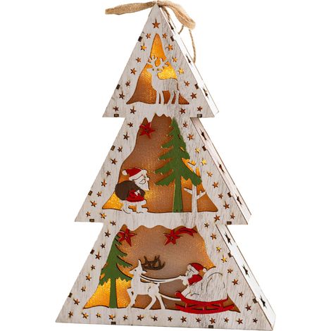 Veilleuse de Noël en bois Type B - Décoration lumineuse bureau avec Père Noël, bonhomme de neige et renne, fonctionne avec 2 piles AA (1/5)