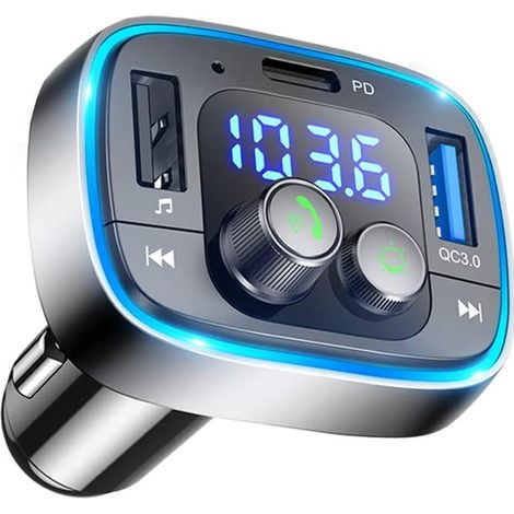 Autoradio Bluetooth avec adaptateur allume-cigare rétroéclairé par LED 7 couleurs, ports de charge QC3.0 et USB-PD, lecteur audio radio sans fil, appels mains libres et récepteur musical, compatible a (1/5)
