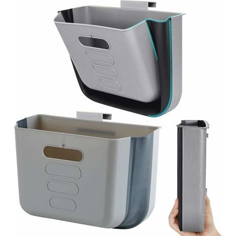 Hanging Kitchen Waste Bin Small Trash Can Foldable Plastic Dustbin Portable Cabinet Rubbish Bin Wall Mounted Garbage Trash Bin for Kitchen Cupboard Door Bathroom Bedroom Office Car Dorm (Dark Grey) (1/5)