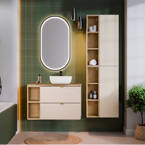 Ensemble meuble simple vasque 80cm 2 niches et colonne Azel Cachemire et Bois (1/5)
