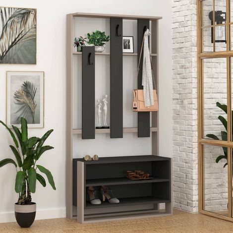 Garderobenständer Toraji, 6 Paar, 3 Fächer, Kleiderhaken, 90x36x180h cm Beige (1/3)