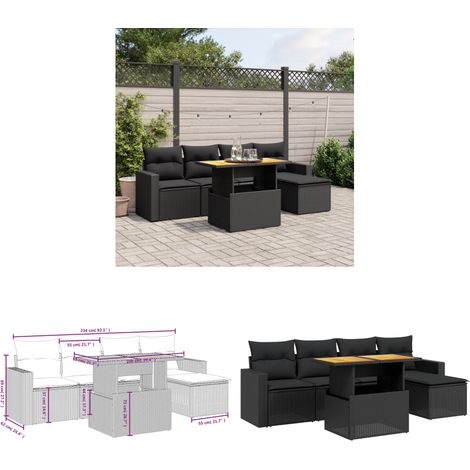 Salon de jardin 6 pcs avec coussins noir résine tressée - Ensemble Salon De Jardin - Meuble Extérieur - Résine Tressée - Rotin Synthétique - Table Extensible - Home & Living (1/3)