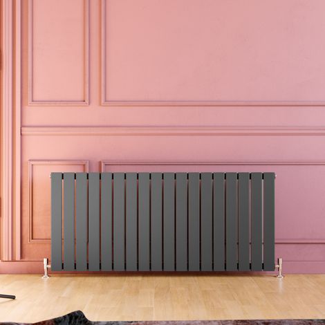 ELEGANT 600x1368mm Anthracite Designer Radiator Horizontal Flat Panel Single Panel Radiator with Chrome Angled Radiator Valves (1/5)