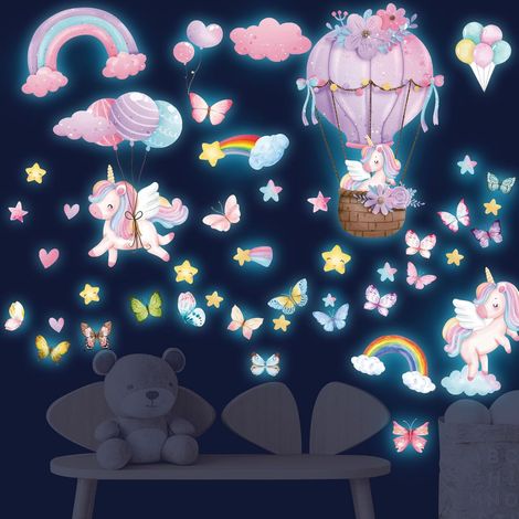 Licorne Étoile Lumineuse Plafond Stickers Muraux Arc en Ciel Licorne Autocollant Mural Papillons Nuage Étoile Décoration Murale Chambre Enfants Bébé Fille Pépinière Salon (1/5)