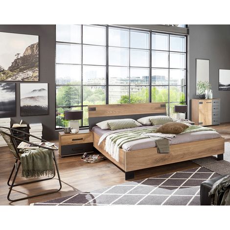 Chambre à coucher complète adulte (lit 140x200 cm + 2 chevets + commode) coloris chêne foncé -PEGANE-