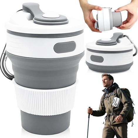 Faltbarer Reisebecher mit Silikonhülle und Deckel, 450 ml, BPA-frei, wiederverwendbarer tragbarer Kaffeebecher, faltbar, passt in die Tasche (Grau) (1/5)