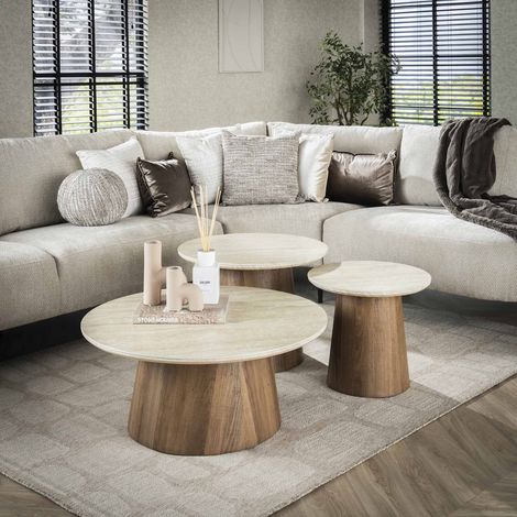 Set aus 3 runden Couchtischen Jimi mit Travertinplatte und