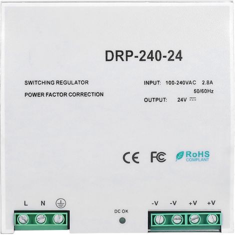 Alimentation stabilisée réglable 24V 10A pour boîte à fusibles DR‑240‑24, rail DIN, interrupteur LED.