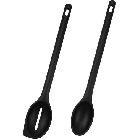 Set di 2 cucchiai da miscelazione in silicone resistenti alle alte temperature, cucchiai da portata forati, antiaderenti per mescolare, servire e raschiare (neri)