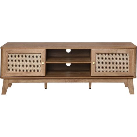 Calicosy – Meuble TV 2 portes en cannage rotin L140 cm – Panneaux de particules – Style naturel et élégant – Largeur 39 cm – Hauteur 49 cm