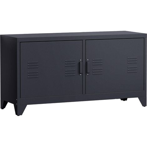 Meuble TV Banc Télé Industriel avec 2 Placards et Étagères Réglables Rangement Multimédia Passe-Câbles Structure Acier Noir (1/5)