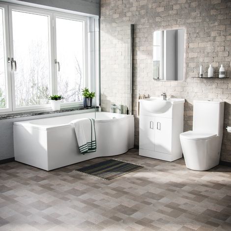 Warton P-Shaped Right Handed Bath, with Bath Screen 550mm Floor Standing Vanity Unit and Close Coupled Toilet Suite (1/5)