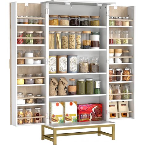 Armoire de cuisine avec 2 portes et 12 étagères, placard moderne avec 5 étagères réglables, blanc (1/5)