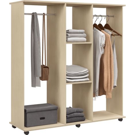 Open Wardrobe Double Mobile Storage Shelves Organizer W/6 Wheels-Natural (1/5)