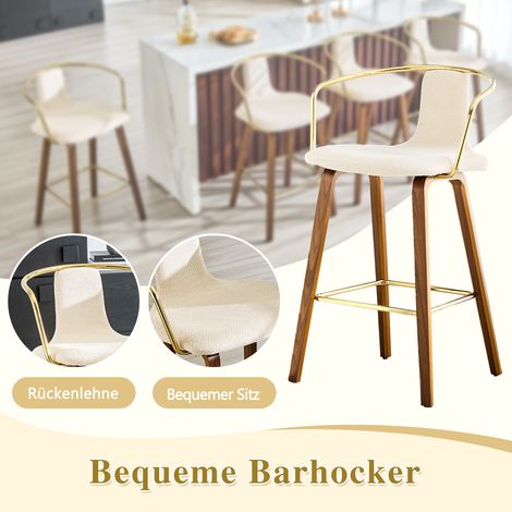Lot de 2 Tabourets de Bar avec Accoudoirs, Tissu Teddy/Cuir PU, Pieds en Bois, Repose-pieds Métal, Style Scandinave Moderne (1/5)