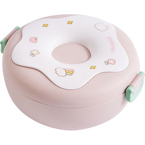 Boîte Bento en forme de beignet avec couvercle, fourchette et cuillère, boîte en plastique pour le déjeuner, rose (1/5)