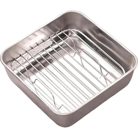 Plat pour Air Fryer Inox, Moule Air Fryer avec Grill, Moule Carré, pour Friteuse à Air Chaud Air Fryer XL et XXL, 16 × 5 cm, Argent