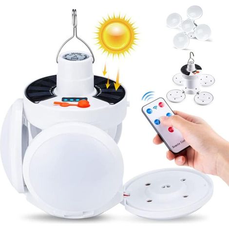 Lampe de camping LED solaire USB rechargeable avec 4 feuilles de lampe pliables IP65 etanche 5 modes d'eclairage 45 LED affichage de puissance pour randonnee en plein air camping