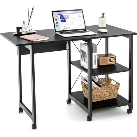 COSTWAY Escritorio Plegable para Ordenador, Carro de Ordenador con Almacenamiento, Mesa de Trabajo con 6 Ruedas, Escritorio Compacto para Casa Oficina (Negro) (1/5)