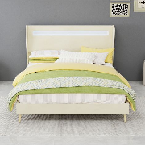 Letto imbottito in tessuto beige 140x200 cm con testiera regolabile e LED integrato (1/5)