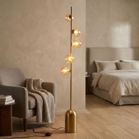 Lampadaire nordique en métal avec 5 sphères en verre ambré H157.5cm G9