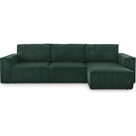 Canapé d'angle 5 places convertible réversible avec coffre de rangement en velours côtelé vert foncé - Harper (1/5)