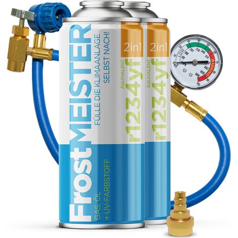 FROSTMEISTER 2in1 400ml - 2x Bomboletta R1234yf + Tubo con manometro + Adattatore KIT SELF-SERVICE ARIA CONDIZIONATA