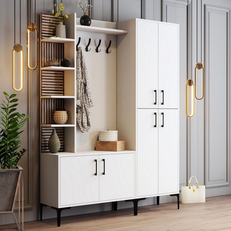 Mueble de Entrada Chiuro, Perchero, 13 Estantes, Puerta Batiente, 150x35x200h cm Blanco (1/5)