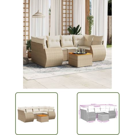 The Living Store Salon de jardin avec coussins 7 pcs beige résine tressée - Ensemble Salon De Jardin - Meuble Extérieur - Jardin Design - Mobilier De Jardin - Chaise Lounge