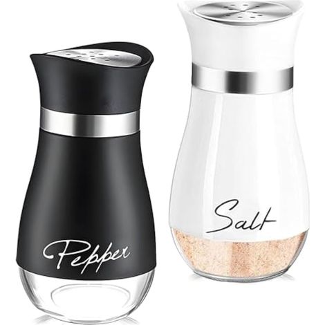 Lot de 2 salières et poivrières à fond en verre de 120 ml avec couvercle en acier inoxydable, accessoires de cuisine pour la maison, la cuisine, le restaurant, la table à manger (noir, blanc) (1/4)