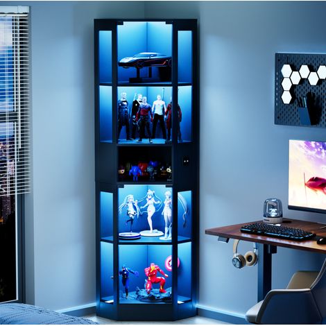 Vitrine 57x40x165 cm noire en MDF et verre avec LED tricolore, capteur de mouvement et rangement (1/5)
